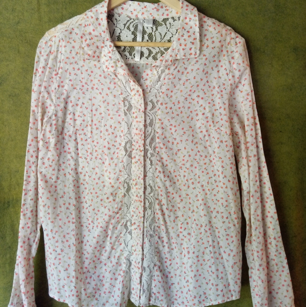 LC LAUREN CONRAD Blouse Floral Sheer Lace Top Button Up Long Sleeve Cottage Core
